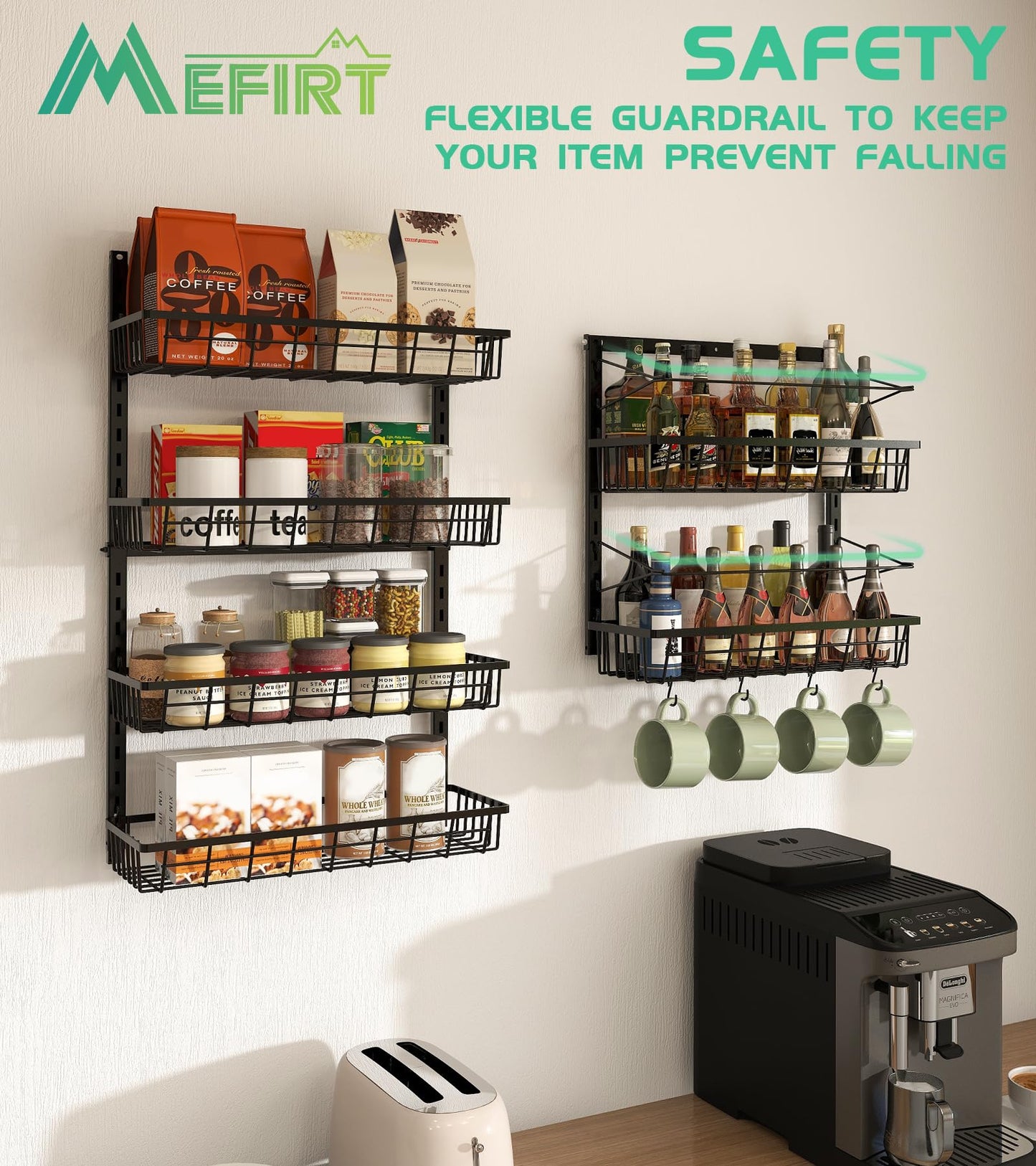 Mefirt Over The Door Pantry Organizer, Pantry Storage and Organization, 6-Tier Adjustable Hanging Baskets, Metal Wall Mount Spice Rack Seasoning Shelves for Home & Kitchen, Laundry Bathroom - Black