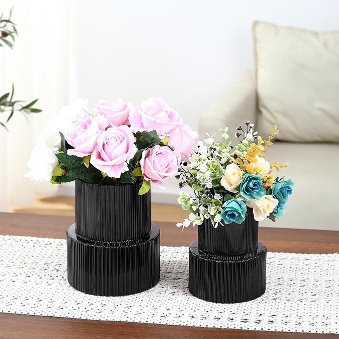 Ribbed Glass Vases for Bouquet, Set of 2 Black Glass Vases for Flowers, Black Flower Vase for Tulips, Modern Vase for Living Room, Office, Coffe Table, Dining Table, Shelf, Wedding
