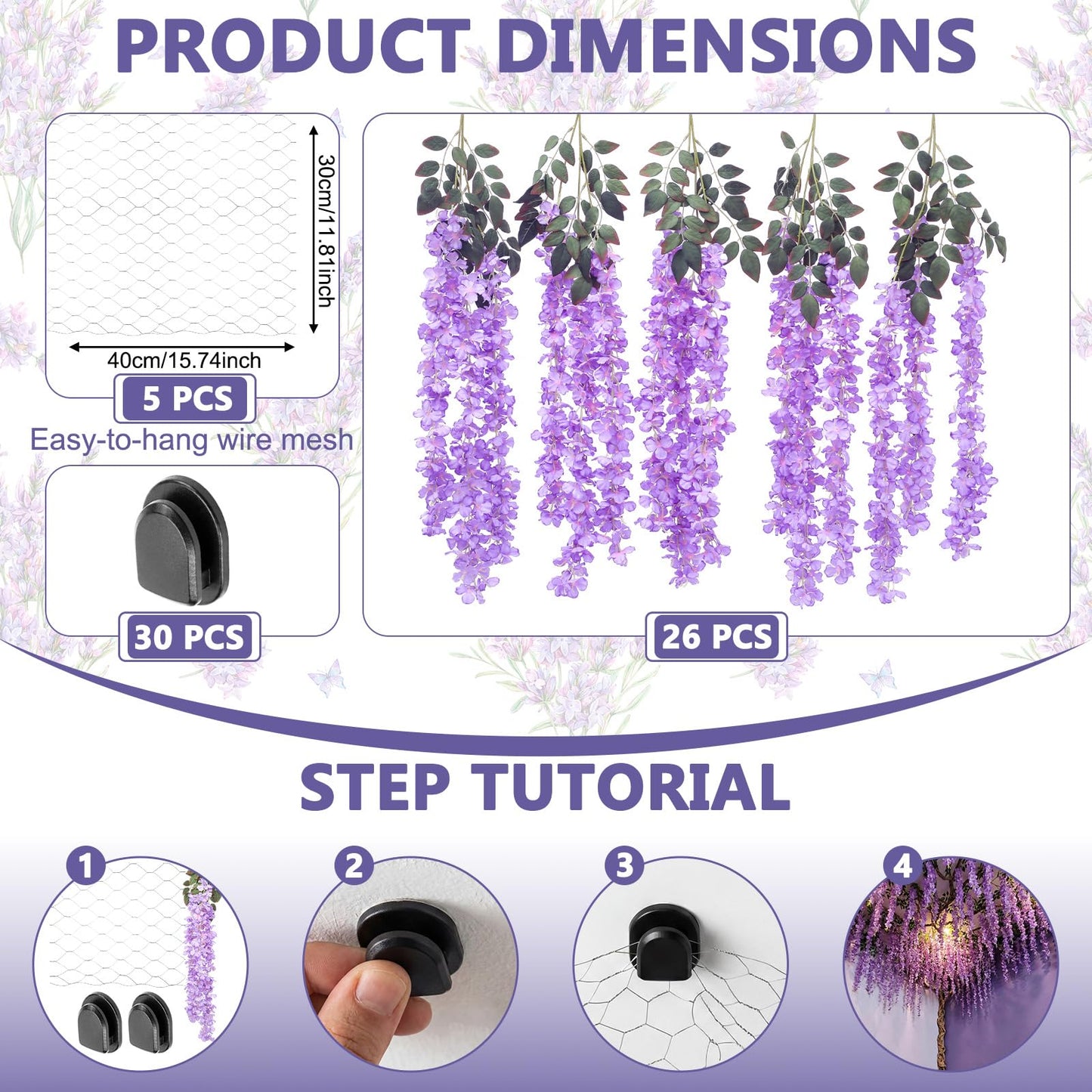 Giegxin Purple 26 Pcs 3D Wisteria Tree for Classroom Room Ceiling Wall Decor Bulletin Board Large Wisteria Garland with 5 Metal Mesh Panel Artificial Fake Hanging Flower Wedding Bedroom Backdrop