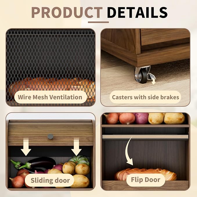 4 Tier Large Potato Storage Bin, Tall Wood Potato and Onion Storage Bin with Wheel, Movable Fruit and Vegetable Basket, Food Small Kitchen Pantry Cabinet, Wooden Bread Box, Walnut, Sliding Door