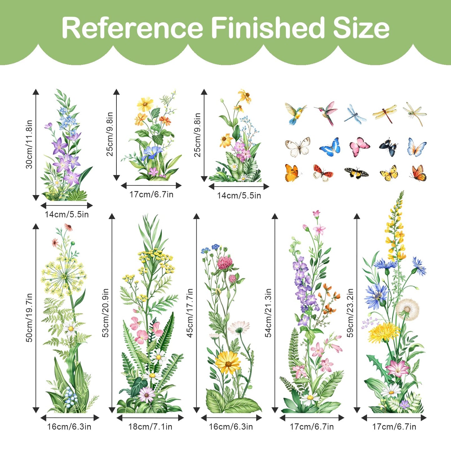 Tanlaby Wildflower Wall Decals Spring Summer Flower Floral Grass Wall Decals with Butterfly Green Plant Stickers Peel and Stick Wall Art Decor for Living Room Kitchen Bedroom