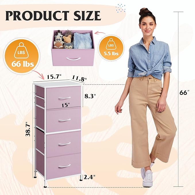 WLIVE Dresser with 4 Drawers, Storage Tower, Organizer Unit, Fabric Dresser for Bedroom, Hallway, Entryway, Closets, Sturdy Steel Frame, Wood Top, Easy Pull Handle,A-Pink