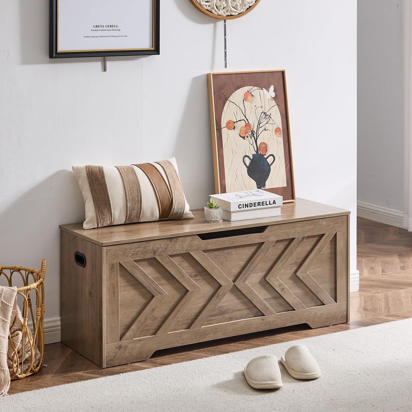 XDliv 47.2” Storage Bench,Extra Large Wooden Storage Chest with 2 Safety Hinges,entryway Bench,Blanket Storage,Shoe Storage Bench for Entryway,Bedroom,Living Room,Easy Assembly.-Greige