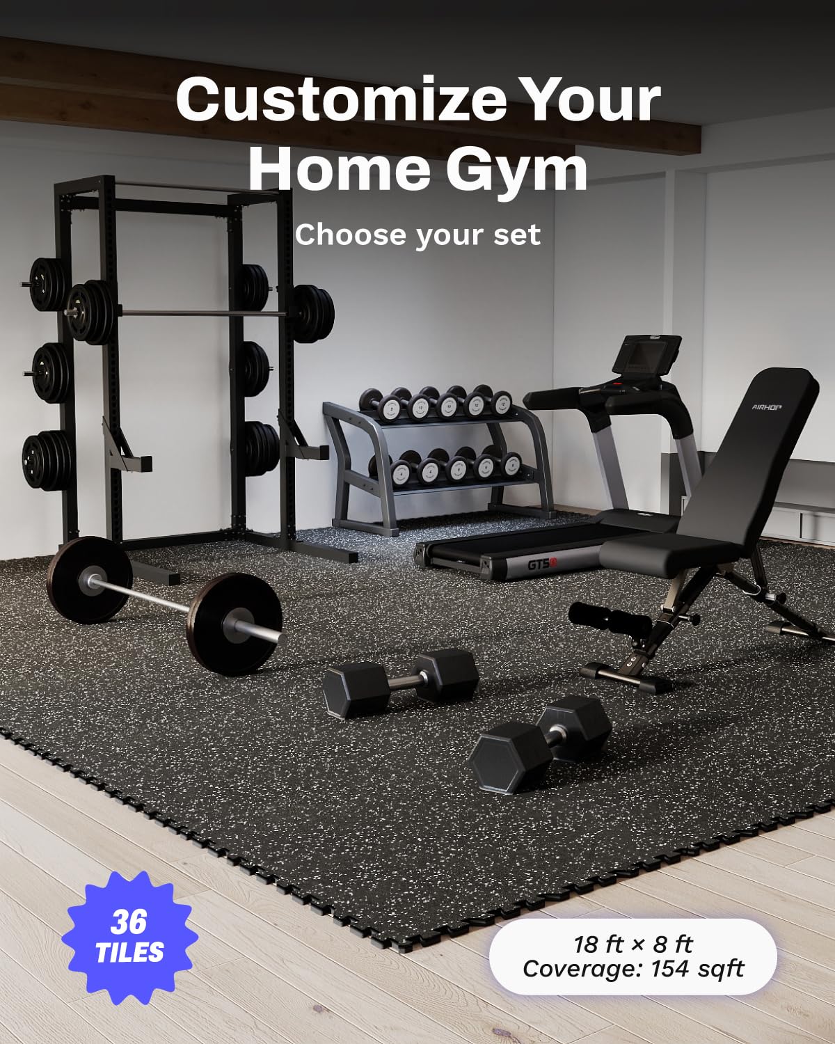 AIRHOP 0.56in Thick 144 Sq Ft Exercise Equipment Mats, 36 Tiles Upgraded Rubber Top with High Density EVA Foam, Large Interlocking Puzzle Gym Flooring for Home Gym, Heavy Weight Workout, 24 x 24in