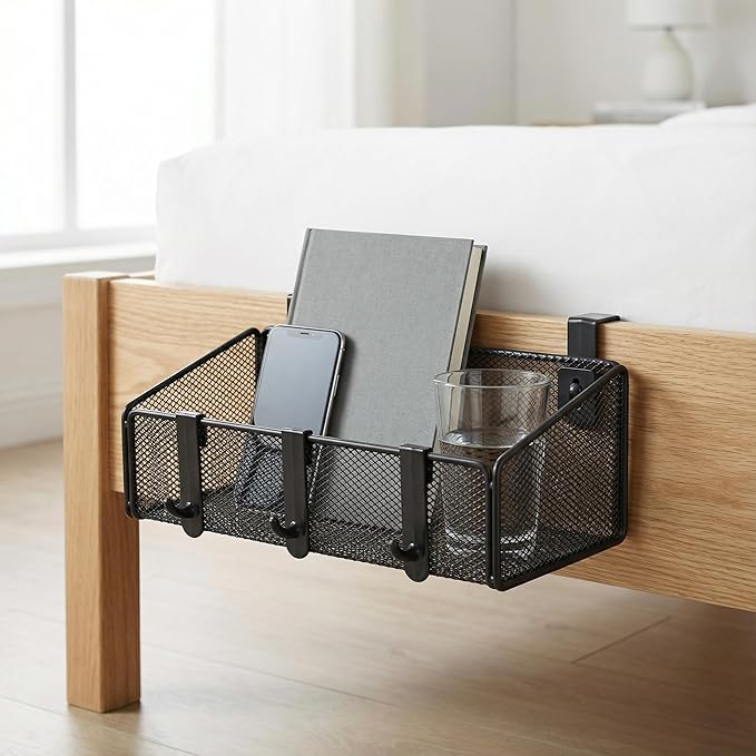 JDYOOMI Bedside Caddy Shelf Hanging Storage Basket for Bunk Bed and Office Cubical Walls,Baby Bed Rails,College Dorm Bed Organizer - 5 Pairs Sized Hooks-for Phone Glass Magazine Decor (White)