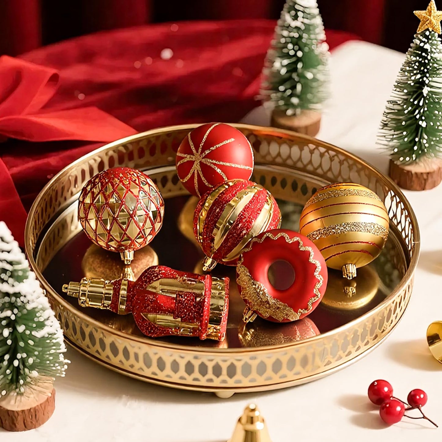 SHareconn 70pcs 2025 Classic Christmas Balls Ornaments Set, Shatterproof Plastic Baubles, Ribbon and Tree Topper for Xmas Tree Holiday Wedding Party Decorations with Hanging Strings, Red and Gold