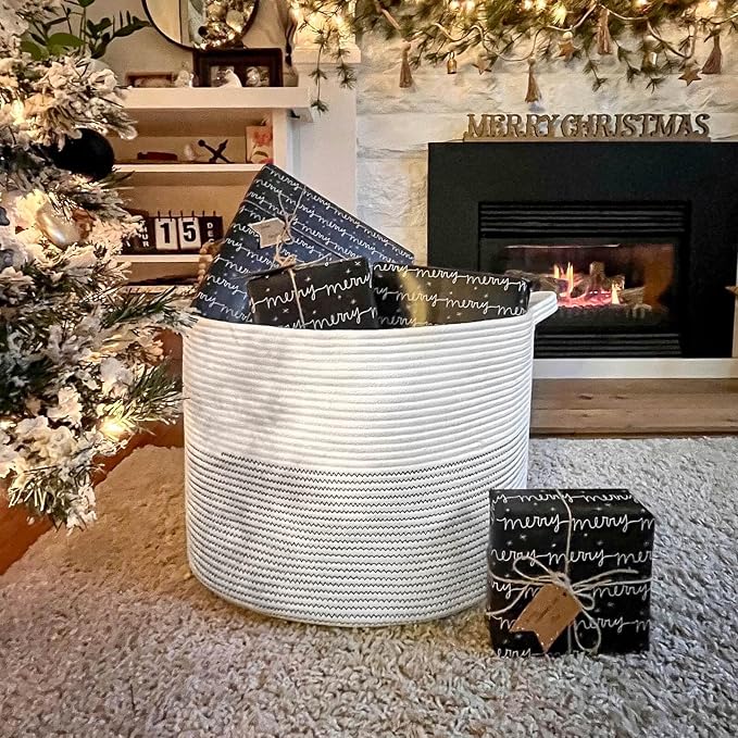 INDRESSME XXXLarge Cotton Rope Basket 21.7" x 21.7" x 13.8" Woven Baby Laundry Basket for Blankets Toys Storage Baskets with Handle Comforter Cushions Storage Bins Thread Laundry Hamper-Black Stitch