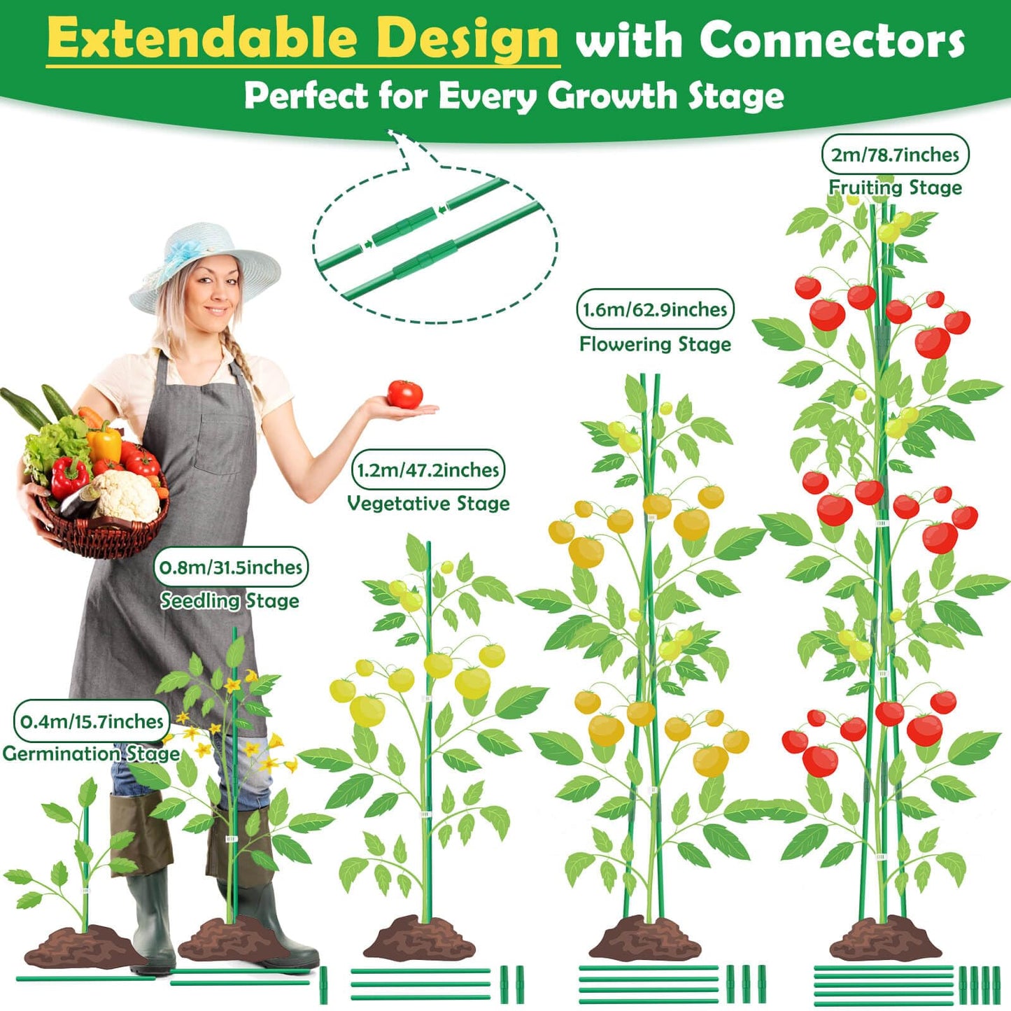 Tetutor 337 PCS Garden Stakes, Fiberglass Tomato Stakes, Garden Sticks with Accessories, 105 Sets DIY 4ft, 5ft, 6ft, 7ft Plant Stakes, Plant Sticks Supports for Indoor Outdoor Plants, Vegetables