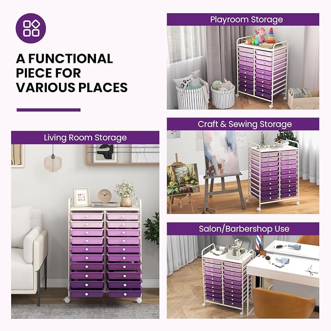 COSTWAY 20-Drawer Rolling Storage Cart, Utility Storage Organizer Cart for Tools, Scrapbook, Paper, Craft, Multipurpose Storage Trolley on Wheels for Home Office School, Purple Gradient