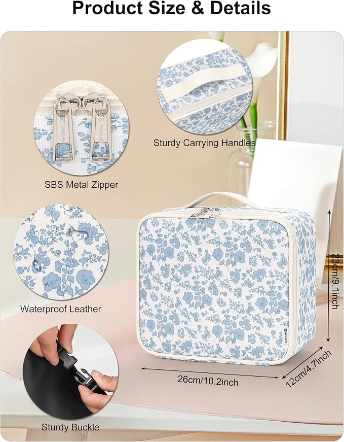 Relavel Travel Makeup Bag with LED Mirror, Portable Cosmetic Train Case with 3 Color Lighted Brightness Mirror, Makeup Artist Organizer Storage with Adjustable Dividers Make Up Box - Blue Flower