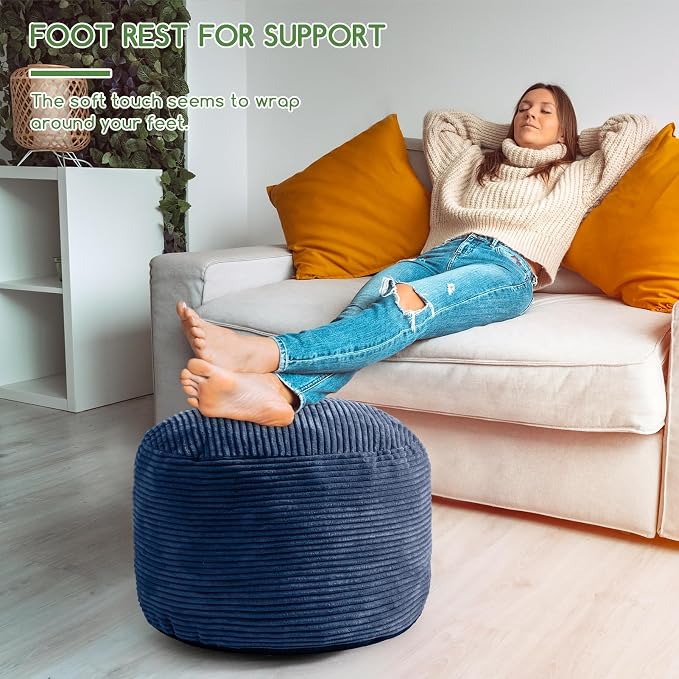HIGOGOGO Round Stuffed Pouf Ottoman, Corduroy Poufs with Foam Chunk Filling, Furry and Fluffy Pouf Foot Stool Storage Ottoman, 20 X 15 Floor Poufs Foot Rest for Living Room, Bluestone