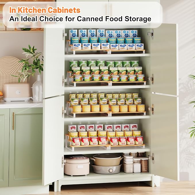 Expandable Can Organizer for Pantry, 3-Tier Adjustable Bamboo & Iron Can Rack for Cabinets, Easy Access Food Storage Shelf for Canned Goods, Soda & Soup Cans, Holds Up to 30 Cans, White