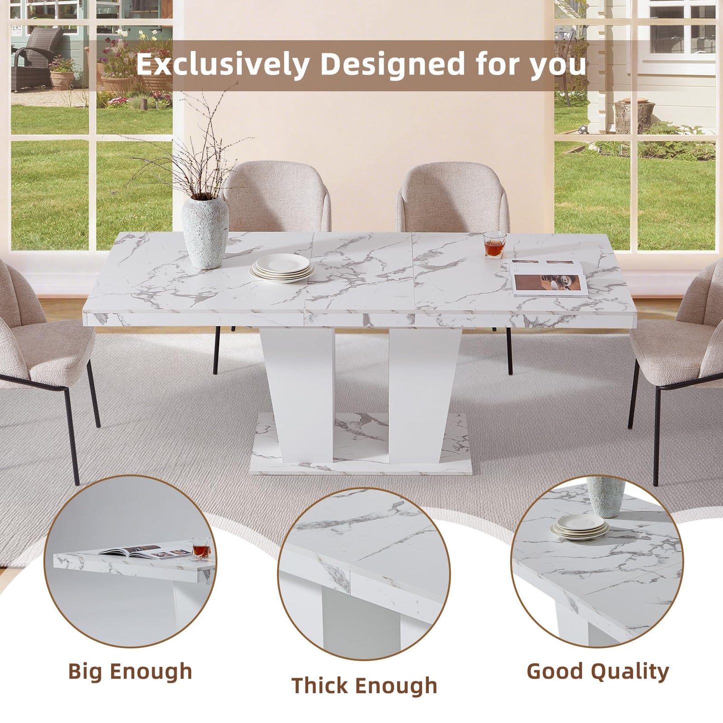 Senfarime Dining Table Extendable 63 in-79 in for 4-8 Expandable Wood Rectangle with Fluted Base for Dining Room Kitchen Living Room Furniture Marble White