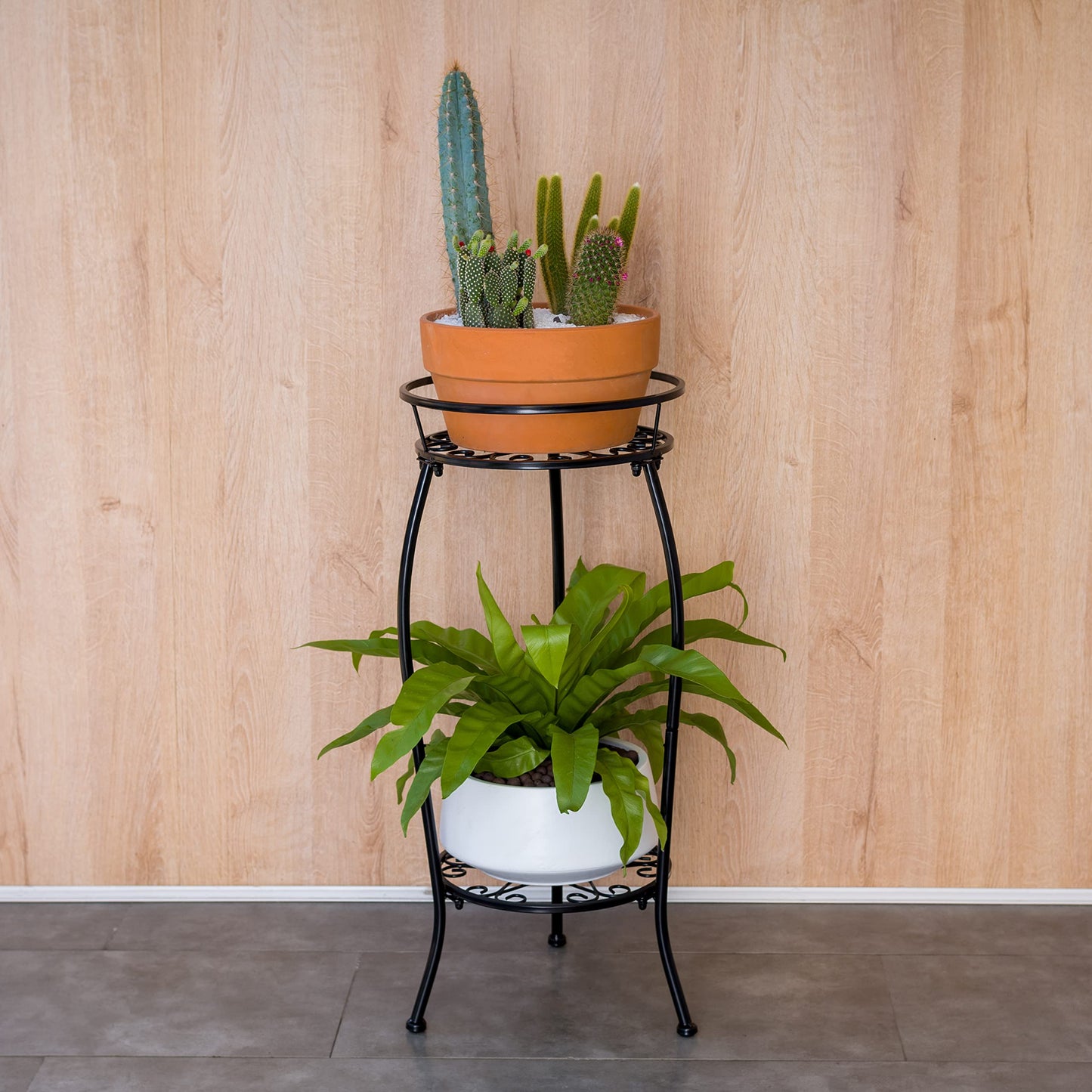 FaithLand Plant Stand, Metal Planter Holder Indoor Outdoor, 2 Tier Round Potted Supports Rack, Corner Display Shelf Black, Tall