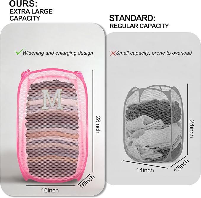 Collapsible Pop Up Laundry Hamper, Extra Large with Removable Initial Letter M, Mesh Foldable Laundry Basket, 28" x 16" x 16" (Pink)