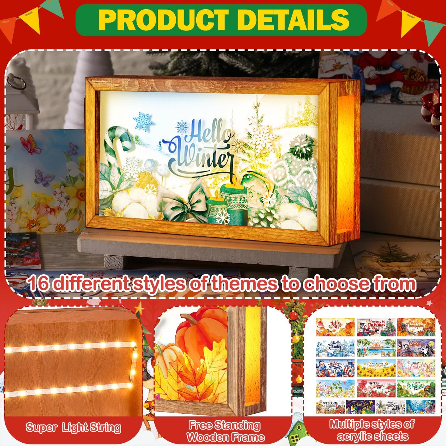 Yuefunny 17 Pcs Interchangeable Holiday Season Sign Fall Thanksgiving Christmas Winter Night Light Shadow Box LED Welcome Wood Sign for Table Decorative Wooden Seasonal Decorations Ornament Gifts