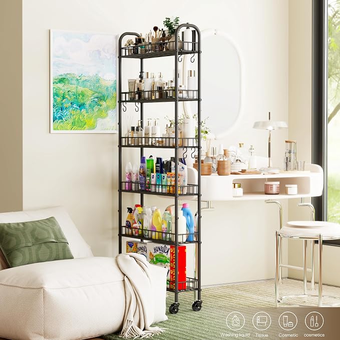 6-Tier Slim Storage Cart, Rolling Kitchen Cart with Wheels | Narrow Metal Shelf Organizer with Hooks for Kitchen, Bathroom, Living Room, Laundry, Small Spaces, Black, 6 in