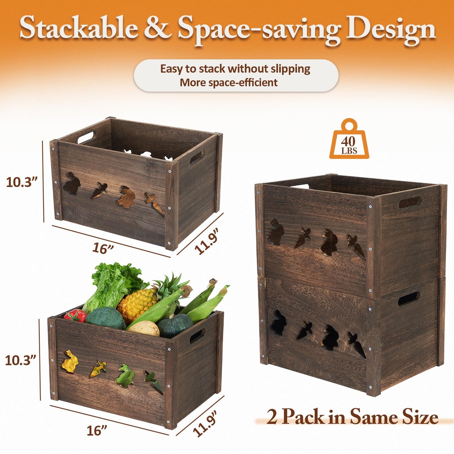 Edergoo Wooden Crates 2 Pack, Hollow Rabbit Wooden Crates for Display & Storage, Farmhouse Handmade Wood Crate with Handles, Rustic Large Decorative Wood Crate Box for Display