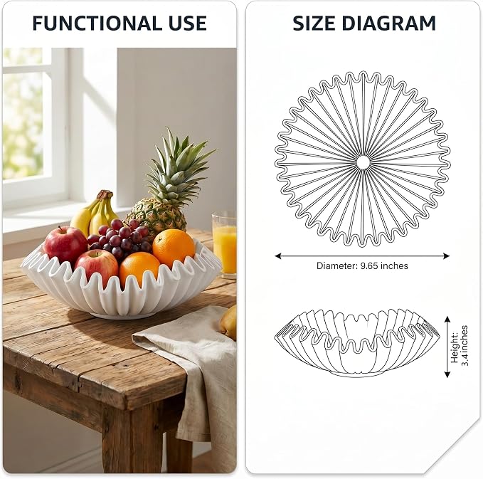 FESTGLOX White Decorative Bowl, Modern Handicraft Ruffle Key Bowls for Living Entryway Table, Decorative Fruit Bowl for Kitchen Counter, Coffee Tables