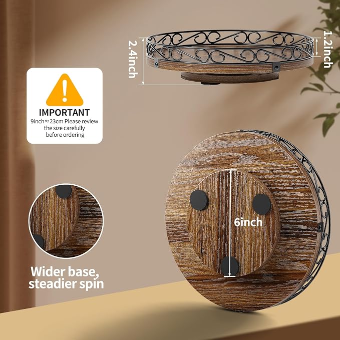 9" Lazy Susan Turntable Organizer for Table Top, Round Wooden Lazy Susan for Cabinet, Farmhouse Decorative Tray for Coffee Table, Kitchen Organizer Countertop, Center Piece Decor, Rustic Brown