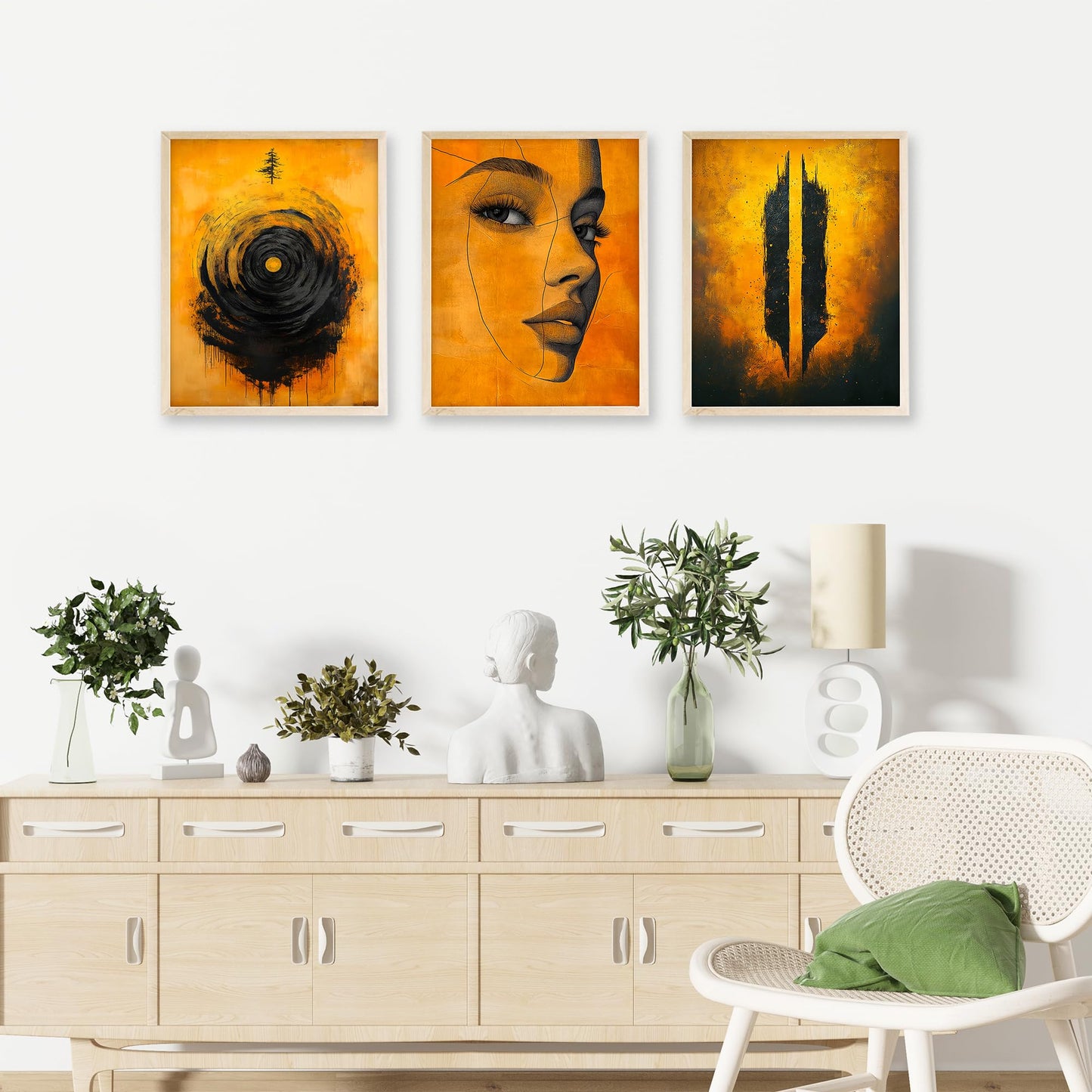 Eastern Print Set of 6 Abstract Masculine Wall Art Prints – Bold Orange & Black Lion, Silhouette, Face Line Posters – Modern Unframed 8x10 Decor for Men’s Room, Office, Man Cave or Creative Studio
