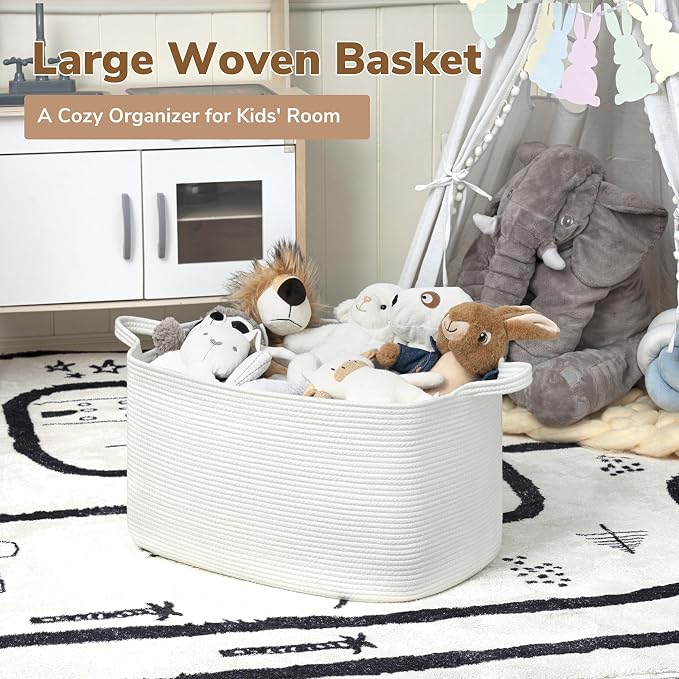 Goodpick Large Blanket Basket Living Room, Storage Baskets for Organizing, Woven Rope Laundry Basket for Toy Storage, 21.6" x 14.9" x 11.8", White