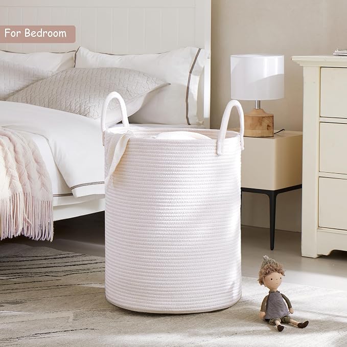 60L Pure White Woven Hamper Laundry Basket Cotton Rope Blanket Basket for Living Room 15Dx20H inches Tall Clothes Hamper for Baby Nursery Kids in Bedroom Large
