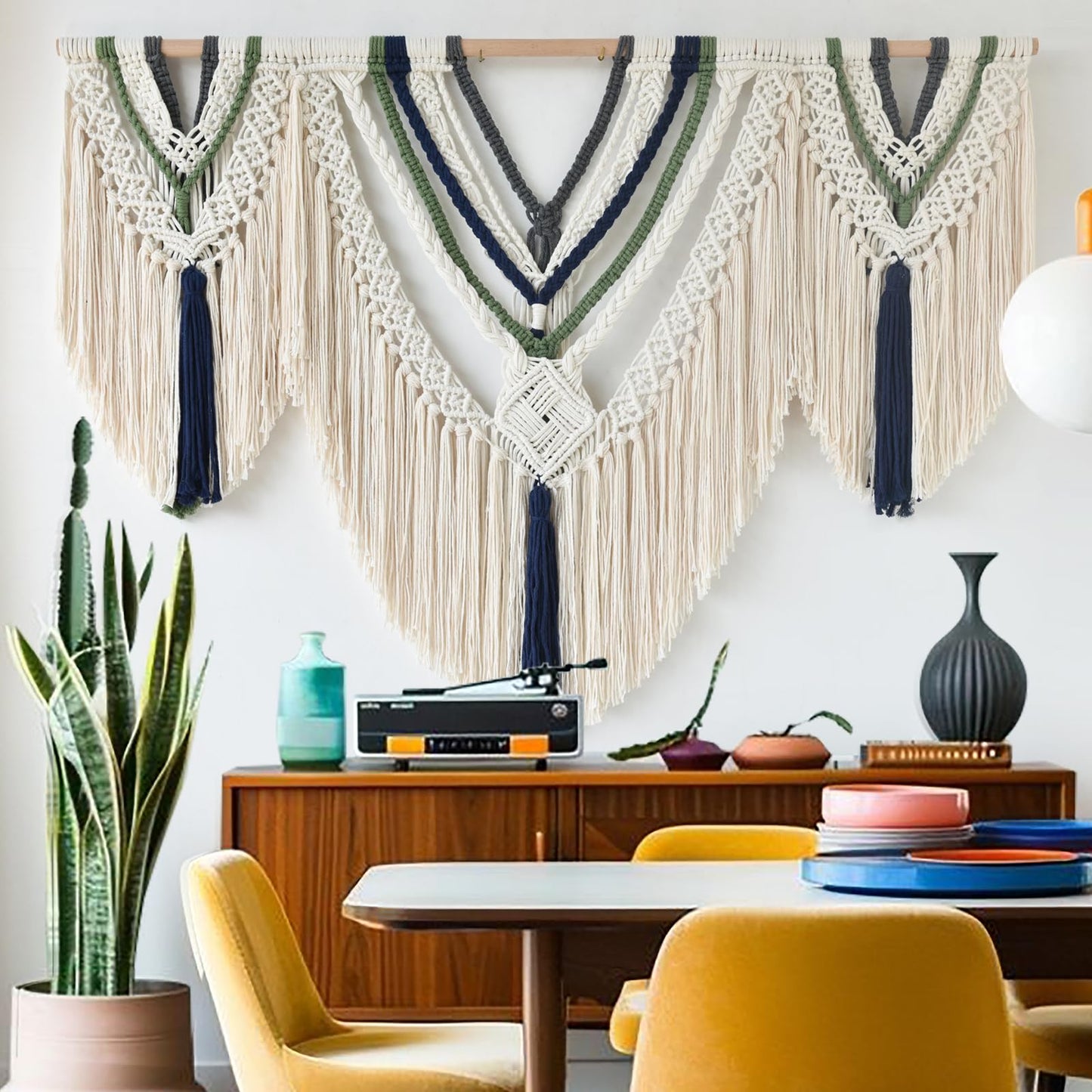 Jakalin Macrame Wall Hanging Boho Wall Decor Yarn Wall Art For Bedroom Living Room, Ivory Blue Green