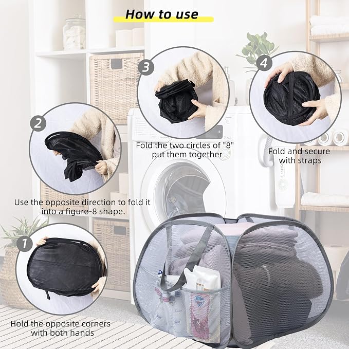 Collapsible Laundry Basket, 90L Foldable Pop Up Laundry Hamper with Handles, Mesh Dirty Clothes Hamper for Laundry, Bathroom, Kids Room, Dorm,Travel or Camping (Gray, 2PCS)