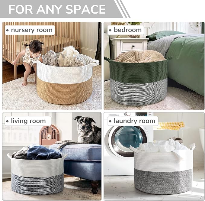 INDRESSME Large Storage Basket, 21.7'' x 13.8'' Cotton Rope Blanket Basket Living Room, Toy Organizers and Storage with Handles for Kids, Laundry Baskets for Clothes, Towel, 90L Grey