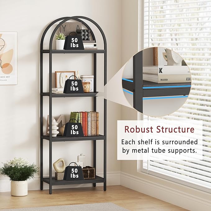 Yusong Bookshelf 4 Tier Arched Bookcase, 71.3" Tall Industrial Open Book Shelves for Living Room, Modern Freestanding Display Shelving Unit Storage Rack with Metal Frame, Office, Bedroom, Black