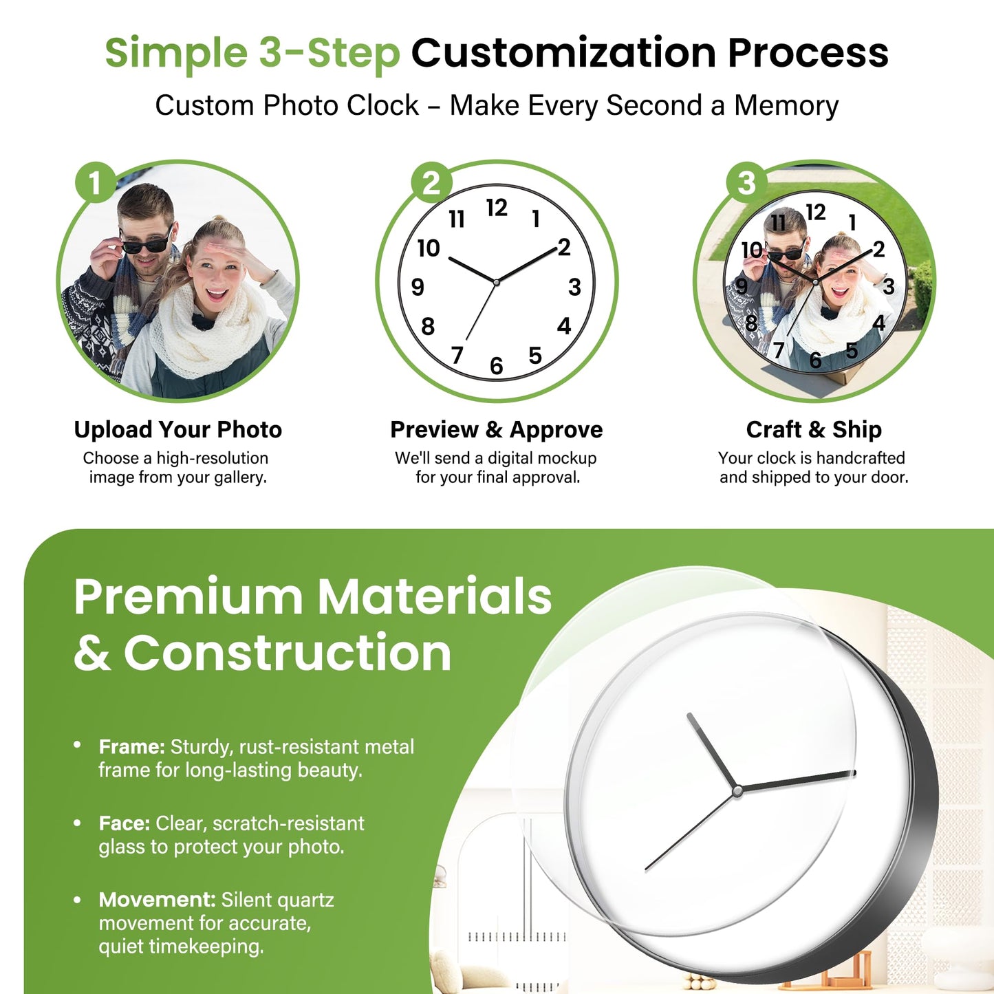 Gloryage Custom Wall Clock with Picture and Text - Personalised Round Hanging Clocks, Silent Non-Ticking Analog Classic Wall Decor for Home Office, Unique Photo Gifts for Birthday Anniversary (Black)