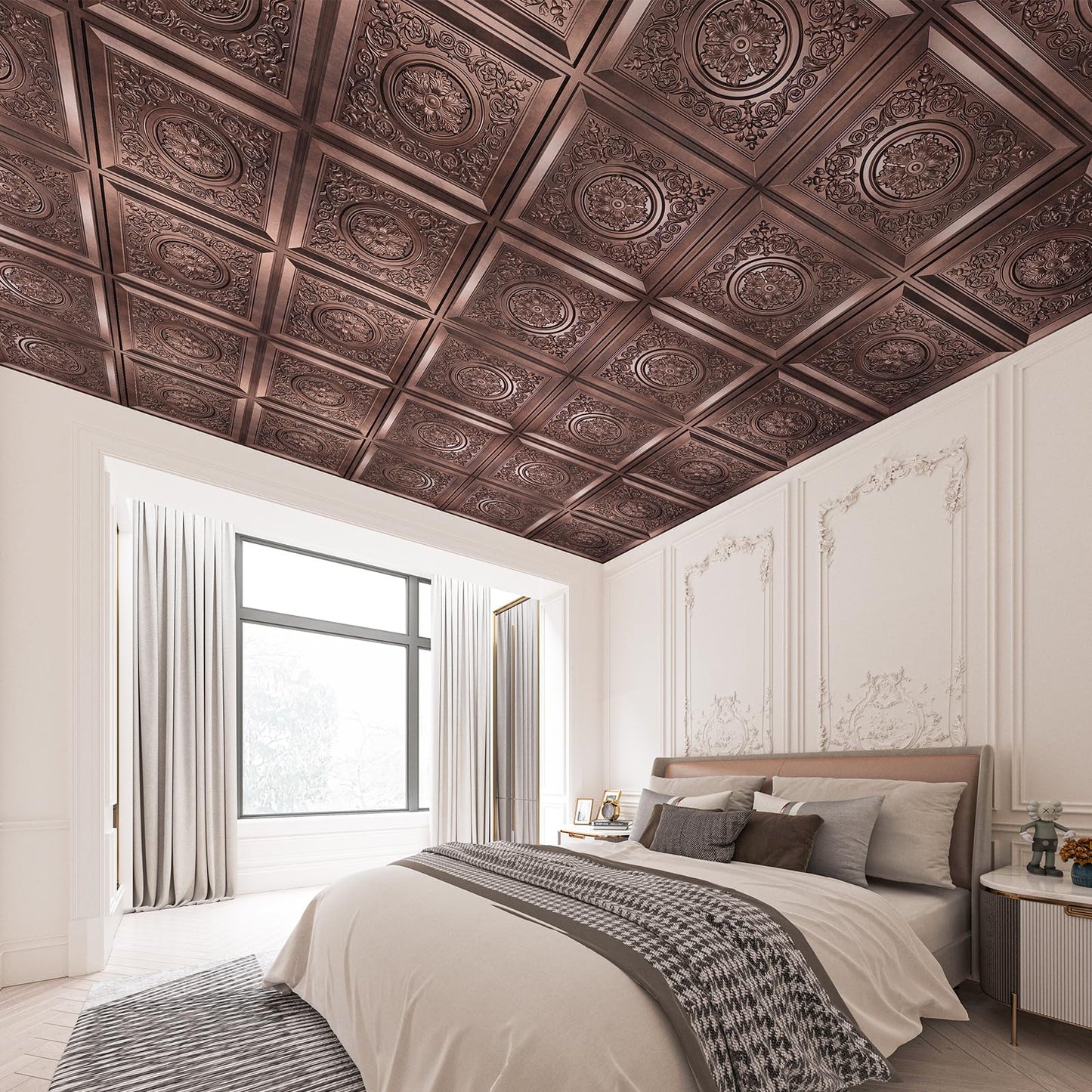 WOWSTAR 12-Pack 24"x24" 3D Drop Ceiling Tiles, Waterproof Glue up Ceiling Panels, Antique Copper