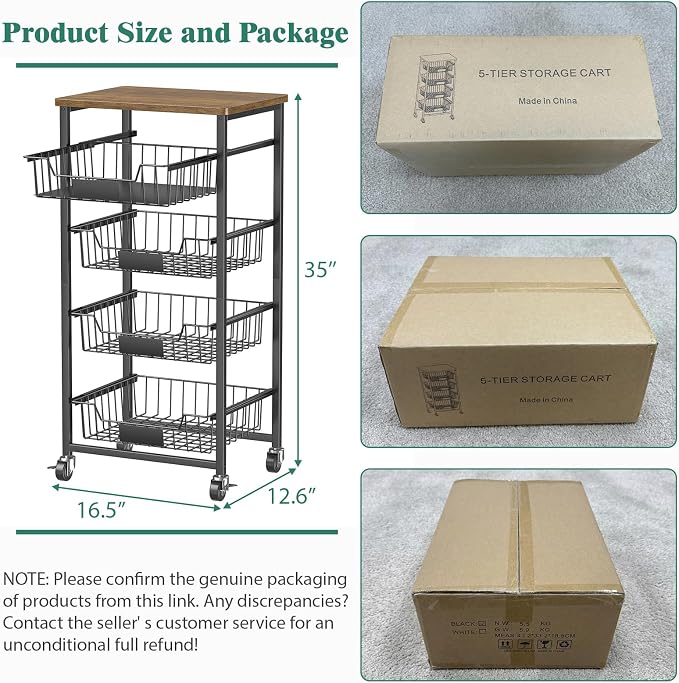 OKZEST Fruit Basket, 5-Tier Utility Kitchen Organizer and Storage Cart with Pull-Out Baskets and Wood Top, Rolling Pantry Kitchen Cart on Wheels for Fruit Potato Onion Vegetable Snack Produce
