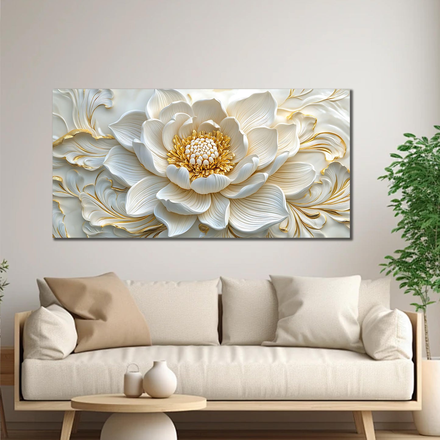 SSNEEKNDG White Floral Wall Art for Living Room Gold Flower Picture Large Botanical Artwork for Bedroom Office Canvas Prints Ready to Hang 20"x40"