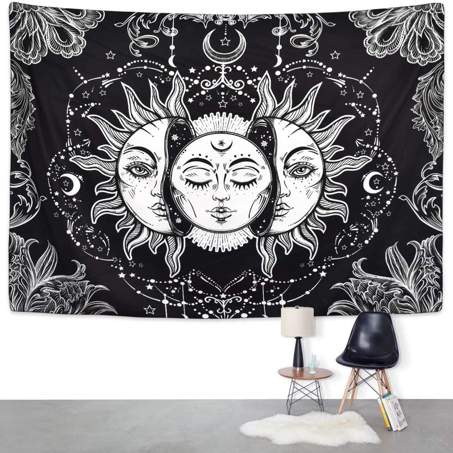 Ftuency Sun and Moon Tapestry, Black and White Tapestries Mystic Burning Sun with Star Wall Hanging decor for Bedroom (59" W x 51" L)