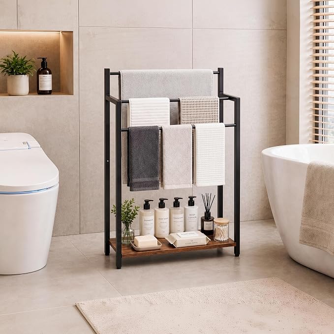 24.8" W Freestanding Towel Rack, 3 Tier Blanket Ladder Stand with Rustic Brown Wooden Shelf for Bathroom Living Room