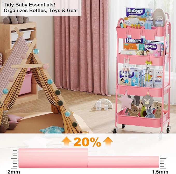 4 Tier Rolling Cart Metal with Lockable Wheels, Four Tiered Pink Trolley Cart on Wheels, Utility Storage Organizer Carts for Bathroom, Kitchen, Art, Craft, Baby Diaper Caddy, Snack, Makeup, Nail, Lash