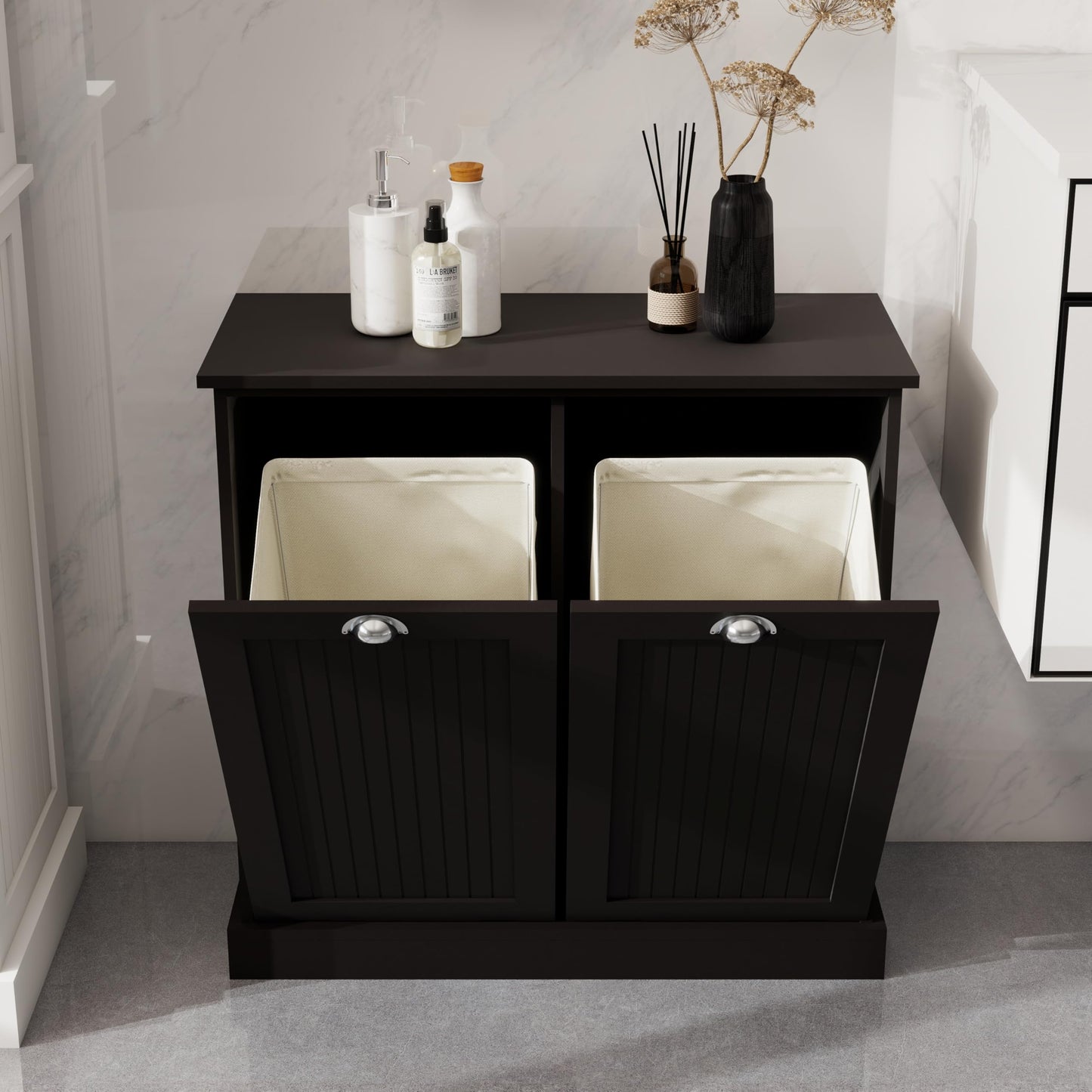 Two-Compartment Tilt-Out Laundry Sorter Cabinet,Ample Storage Laundry Hamper Cabinet with 2 Removable Cloth Bags for Bathroom,Laundry Room (Black)