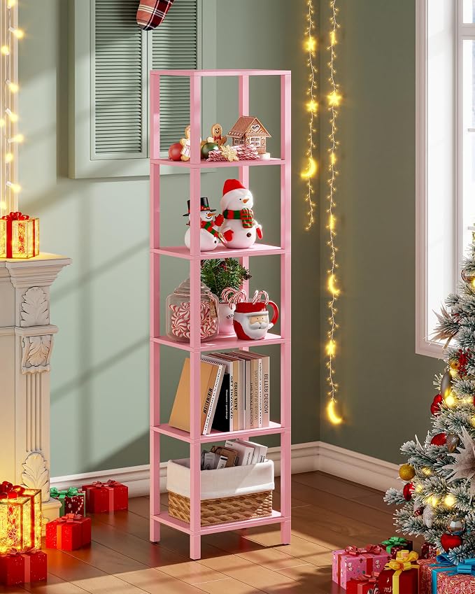 TUTOTAK Bookshelf, 6-Tier Tall Book Shelf, Narrow Bookcase for Small Space, DIY Stackable Bookshelf, for Living Room, Office, Study, Entryway, Industrial, Pink BS01BP006