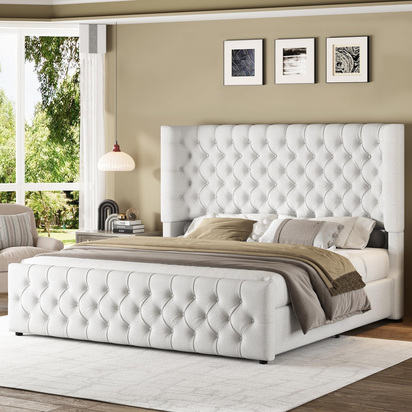 Jocisland King Size Platform Bed Frame, 6.3" Thick Upholstered Curved Wingback Headboard and Footboard with Deep Button Tufted, No Box Spring Needed, Easy Assembly, White Linen