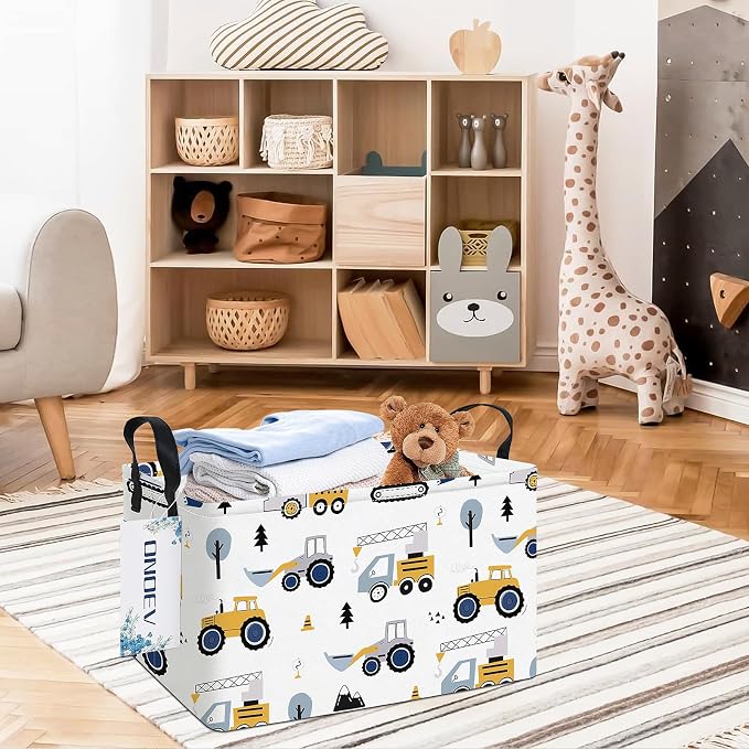 Rectangular Construction Vehicle Storage Basket for Boys,Collapsible Fabric Toy Storage Bin with Handles,Cute Excavator Tractor Truck Organizer for Kids Room,Nursery,Playroom,Closet (Excavator)