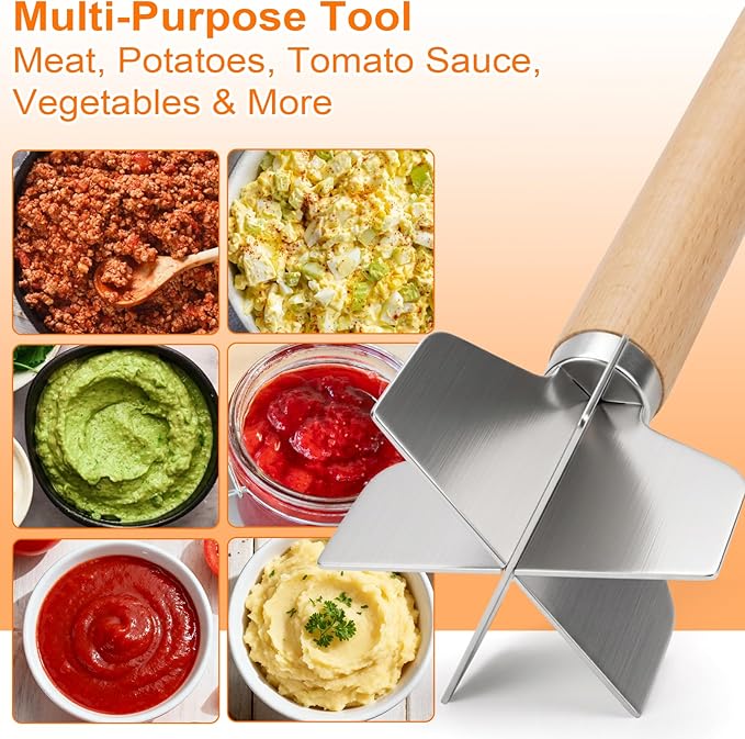 Palksky Ground Beef Masher, Stainless Steel Hamburger Smasher Tool with Wooden Handle, 6-Blade Heavy-Duty Kitchen Tool for Beef, Turkey, Potatoes & More