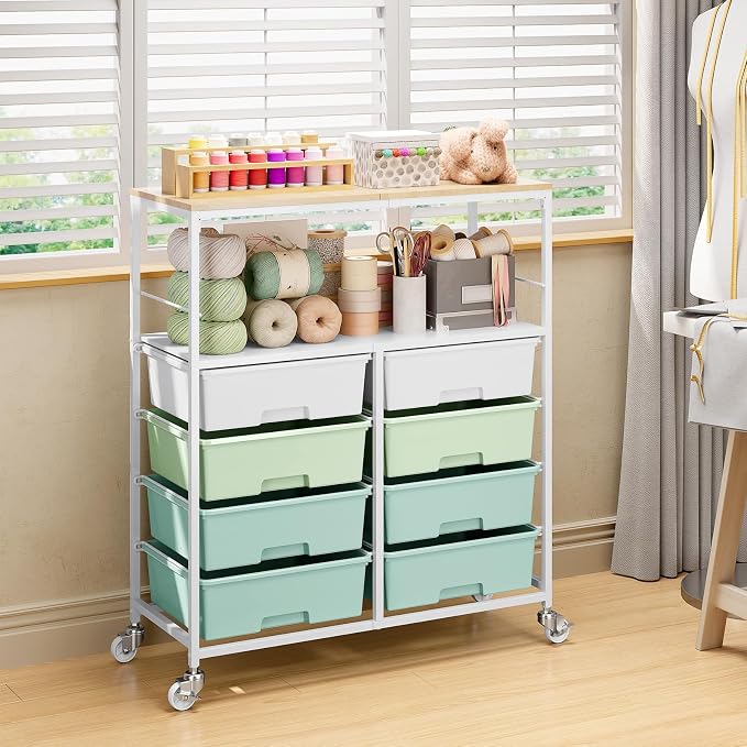 Rolling cart with 8 drawers,Storage drawer cart with wooden tabletop,Lockable wheels organizer for homeschool, arts & crafts, classroom, office & creative spaces (Green)