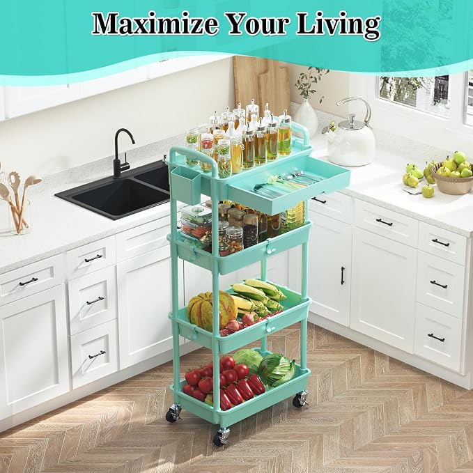 SUNALLY 4 Tier Rolling Utility Cart with Drawer, Storage Organizer Cart with 2 Lockable Wheels, Multifunctional Rolling Storage Cart for Bathroom, Kitchen, Craft, Makeup, Baby Essentials, Blue