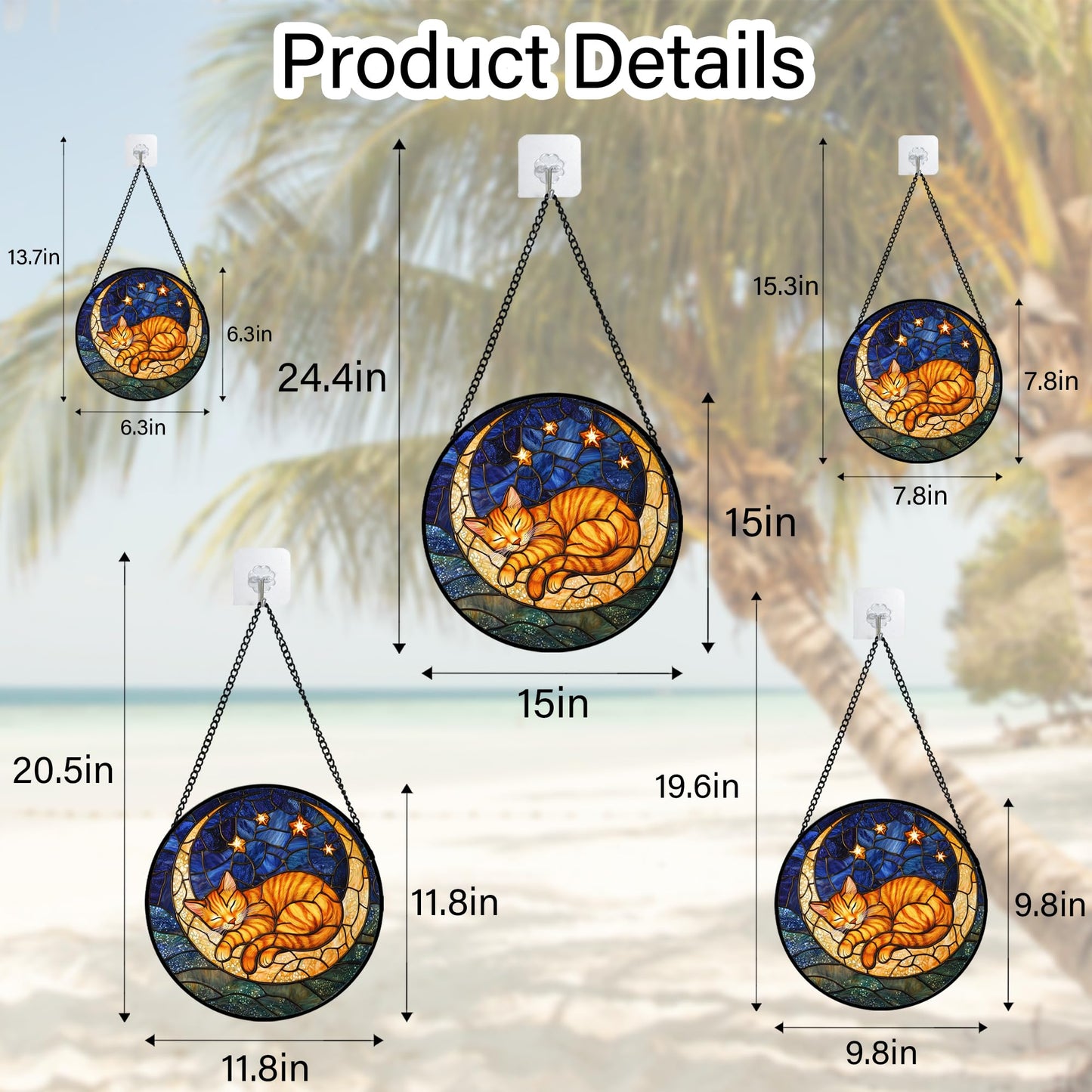 AMDERVEN Stained Glass Window Hanging - Orange Moon Sleeping Cat Sun Catcher for Door Home Decor Blue Starry Sky Suncatcher Christmas Mother's Day Birthday Gifts for Women Men Mom Nana 6.3 in