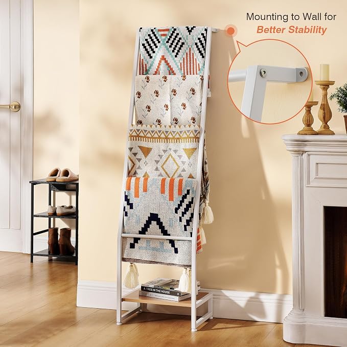 DGWJSU Blanket Ladder, 5 Tier Ladder Shelf,Wooden Blanket Ladders for Living Room and Bedroom, 5.2ft Blanket Holder Rack Farmhouse Ladder Rack for Storage and Home Decor (White)