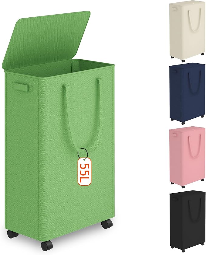 Slim Laundry Hamper with Wheels,15 Gal (55L) Rolling Laundry Basket with lid and wheels Clothes Hamper Foldable Tall Dirty Clothes Basket Sturdy Collapsible Clothes Hamper for Dorm,Laundry Room