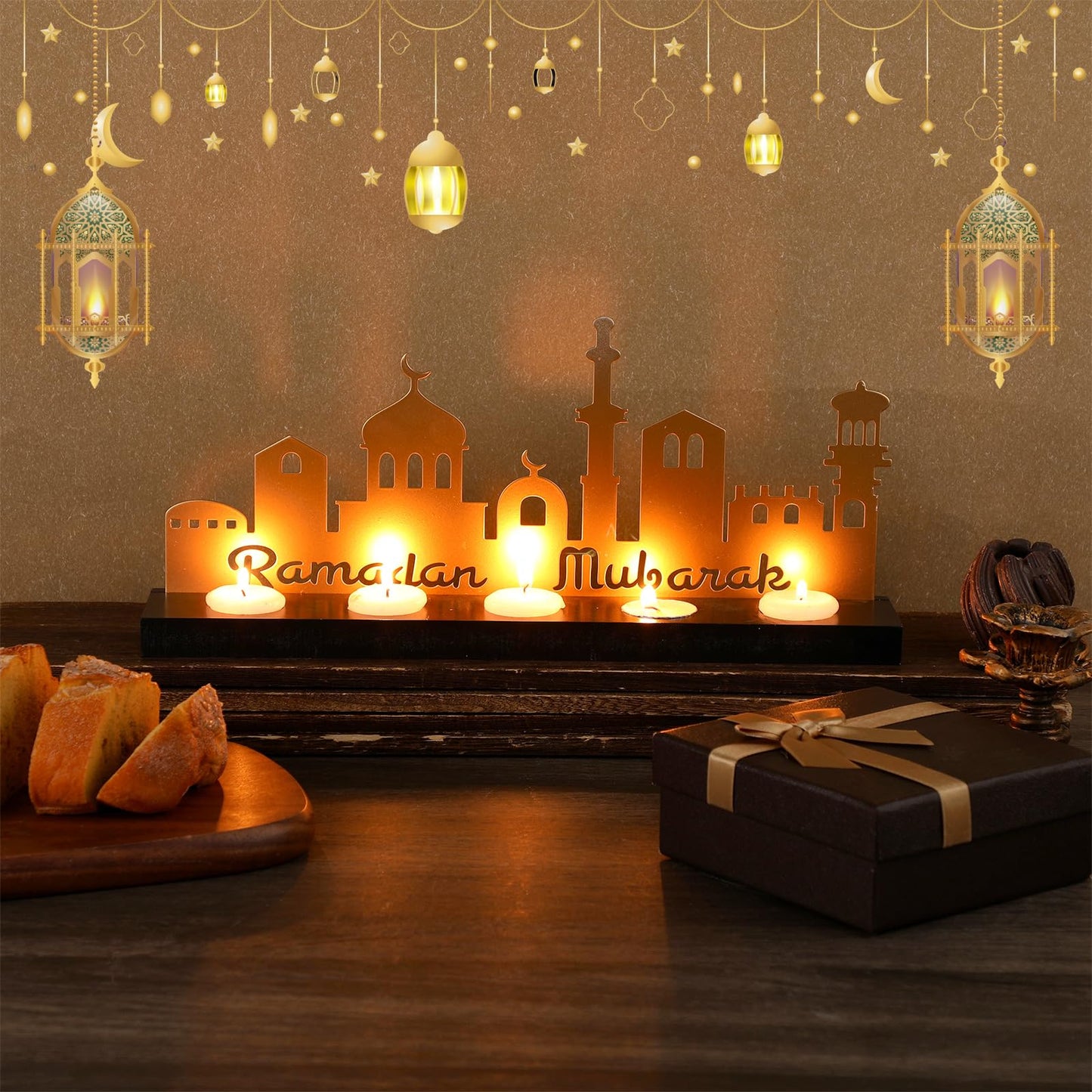 MorningRo Ramadan Mubarak Decorations Islamic Candle Holder with 5 Tea Candles Eid Mubarak Metal Sign with Wood Base Ramadan Kareem Table Centerpieces Eid Al Fitr Muslim Party Gifts
