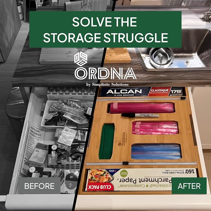 3" Slim 6-in-1 Expandable Storage Bag Organizer Kitchen Drawer - Bamboo Baggie Organizer for Drawer, Aluminum Foil & Saran Wrap Cutter, Plastic, Gallon, Quart & Sandwich Bags (11.5"-17.63" Wide)